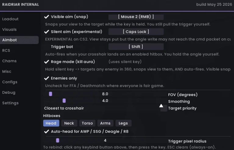 Чит Raidriar для CS2 (Internal) — 2026 — Aimbot & Esp & Skin Changer