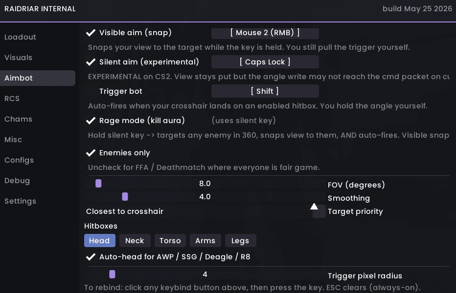 Чит Raidriar для CS2 (Internal) - 2026 - Aimbot & Esp & Skin Changer